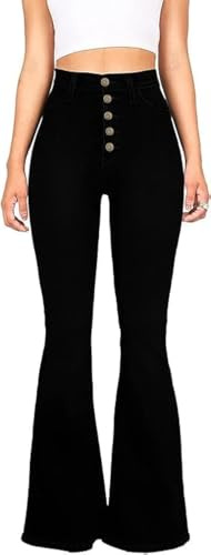 TTFIFENG Jean évasé pour Femme, Taille Haute, Extensible, avec Fond Cloche, Noir, Coupe Bootcut, Noir (5 Boutons), 52