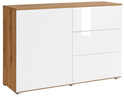 MINIO go for it - Kommode Parma Sideboard 111cm Breit mit DREI Schubladen | Push to Open System, Farbe: Wotan Eiche / Weiß Hochglanz