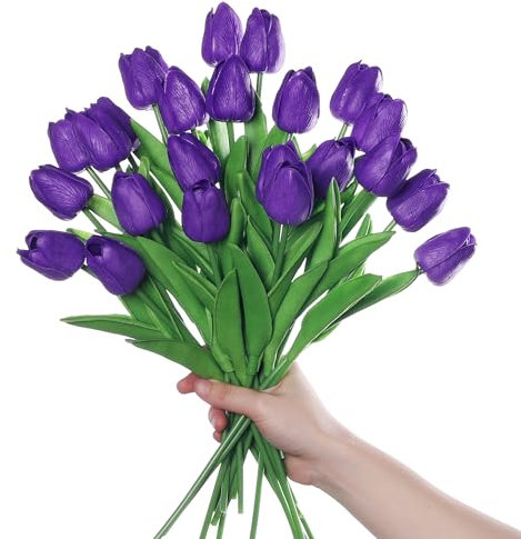 huaao 24pcs Tulipanes Flores Artificiales Falsos en Látex Tacto Real, Decoración para el Hogar Nupcial Ramos Banquete Boda Casa Fiesta Centro de Mesa Arreglos Florales, Morado
