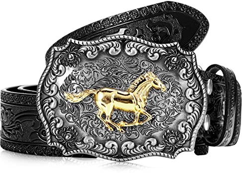 Xuniea Cintura con Fibbia di Cavallo Cinta in Pelle da Cowboy Incisa Floreale da Uomo(43 Pollici di Lunghezza,Nero)