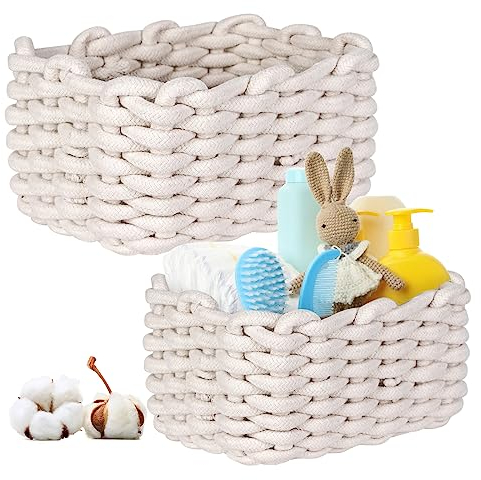 2 Pcs Aufbewahrungskorb Baumwolle, Baumwollseil Geflochten, Ablagekörbe Speicher Organizer Speicher Storage Basket für Kinderzimmer Wohnzimmer Bad D27xH17 CM + D33xH22 CM （Nicht-Gerade Weiss）