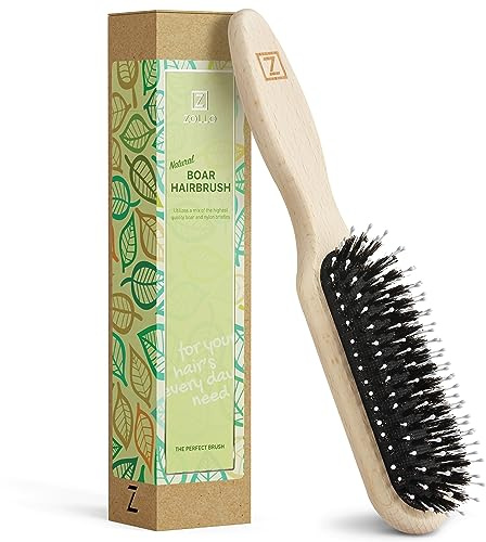 Natural Boar Bristle Hair Brush for Women, Men, Kids; Dry and Wet Detangling Hair Brush Gently Enhances Shine, Smooths Frizz and Prevents Breakage in Fine and Straight, Thick and Curly Hair (long)