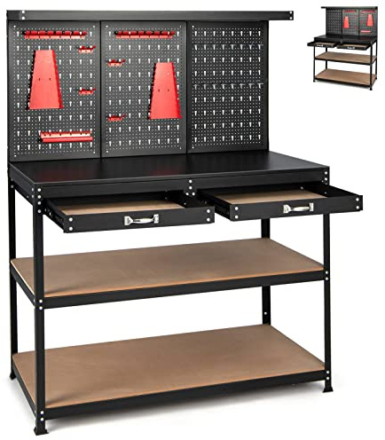 GiantexUK Workbench with Pegboard, Metal Frame Garage Work Bench with 25 Hanging Accessories, 2 Drawers and 3 Open Shelves, Workshop Storage Station Unit for Home Warehouse