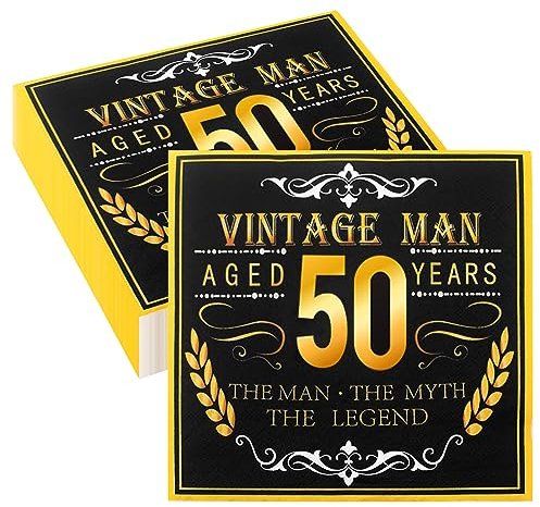 Wentsent Schwarz Gold Servietten 50. Geburtstag, Vintage Papierservietten, 40Stk Cocktailservietten, Einweg Servietten für Männer Party Deko