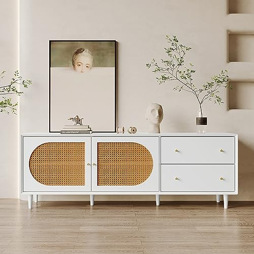 kubeier Lowboard Vintage Fernsehschrank 180 cm mit Echtholzfüßen und viel Stauraum, moderner Weißer-TV-Schrank mit 2 Schubladen und 2 Türen, 180 * 40 * 65cm