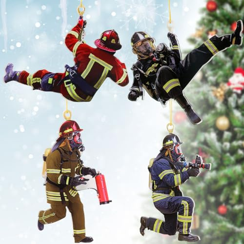 Hxezoc 4 Stück Feuerwehr Christbaumschmuck, Feuerwehr Weihnachtsschmuck, Feuerwehrmann Geschenke für Männer Weihnachtsbaum Anhänger Weihnachtsdeko