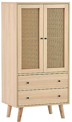 I0I&I0I Stilvolles Eichen-Sideboard 60 cm Breite mit Rattan-Türen und Schubladen (Eiche)