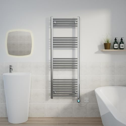 Warmehaus Prefilled Electric Towel Radiator Straight Chrome 1400x500mm | Thermostatic, Timer, LCD Display, Child Lock, Dual Fuel, Mild Steel, Wall Mounted, Bathroom Ladder Towel Warmer