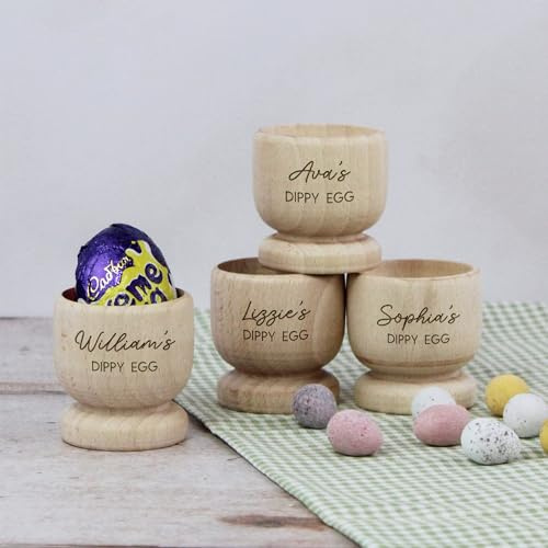 eBuyGB Personalised Egg Cup with Any Name, Engraved Wooden Egg Cup, Easter Gift for Kids, Dippy Egg Holder, 1st Easter Gift, Easter Stocking Filler (Pack of 4)