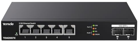 Tenda TEM2007X Commutateur Ethernet 5 ports 2,5 G, commutateur non géré de 2,5 Go avec 5 ports 2,5 G et 2 emplacements SFP+ 10 Go, capacité de commutation de 50 Gbit/s, Plug & Play, montage mural ou