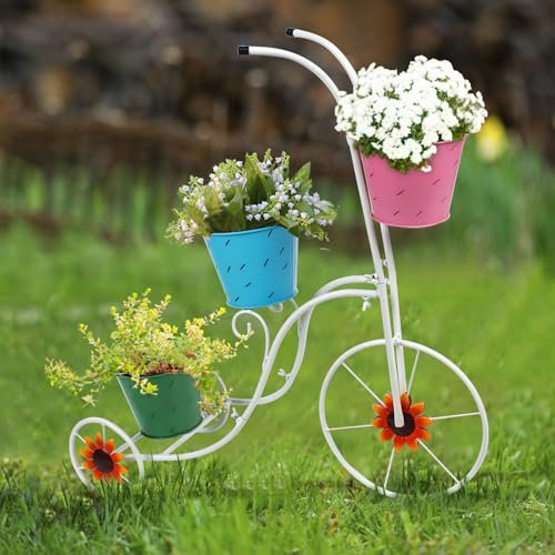 CIXIZUIJIA Support de pot de fleurs en vélo avec seaux – Présentoir de fleurs pour patio, terrasse, jardin, pelouse – Support de pots de fleurs d'extérieur pour plantes (noir)