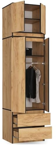 BDW garderob med tillbehör, 4-dörrars garderob, 2 lådor, garderob för sovrummet, vardagsrummet, hallen, 234 x 60 x 51 cm (Hantverk ek)
