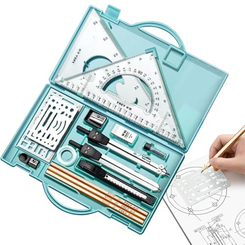 Generico Set goniometro e compasso, strumenti di disegno - Set di geometrie professionali da 16 pezzi con righelli in metallo,Set di goniometro per bussola con righello triangolare, per il disegno, s