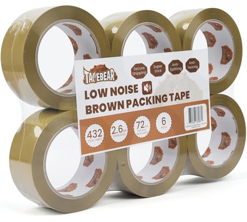 TAPEBEAR Ruban Adhésif Marron 48mm x 66m, Ruban Adhésif à Déroulement Faible Bruit pour Emballage, Fermeture Sûre, pour L'emballage de Boîtes, Expédition, Déménagement et Artisanat, Lot de 6
