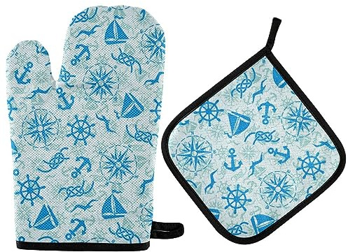 Vikeiac Ofenhandschuhe, Topflappen mit maritimem Muster, nautische Anker, Ofenhandschuh, heiße Pads, Kochen, Küche, hitzebeständig, heiße Pads für Mikrowelle, BBQ, Backen, Grillen