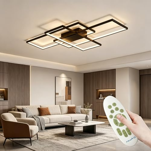 ACJK Plafonnier LED Moderne, Luminaire Plafonnier Salon Dimmable, 3000K-6000K 60W 6000LM, Lustre LED pour Chambre, Cuisine, 80cm, Noir