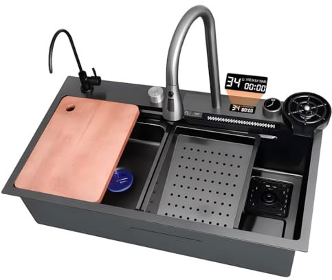 AIVANOTO Einbauspüle Mit Wasserfall, Große Arbeitsstationsspüle, Mit Ausziehbarem Wasserhahn, Tassenspüle, Edelstahl-Barspüle, Multifunktionale Einzelspüle, Mit Abfluss-Sets(A,65x50x21cm)
