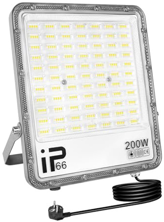 AUXTINGS Faretto Led da Esterno 200W con Spina 20000LM Faro Led Esterno 6000K Bianca Fredda IP66 Impermeabile Faretti LED Proiettore Esterni per Giardino,Garage,Cortile,Piazza,Terrazza,Patio