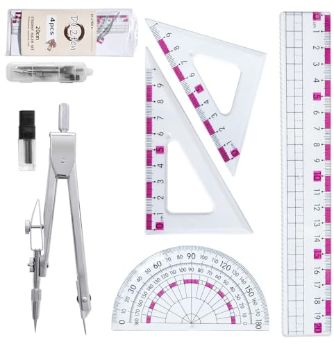 DY.2ten Kit de Geometría, Compás Geometría Matemática, Juego de Brújula de Geometría Kit，Cartabon, Regla 20 cm Escolar, 6 Piezas