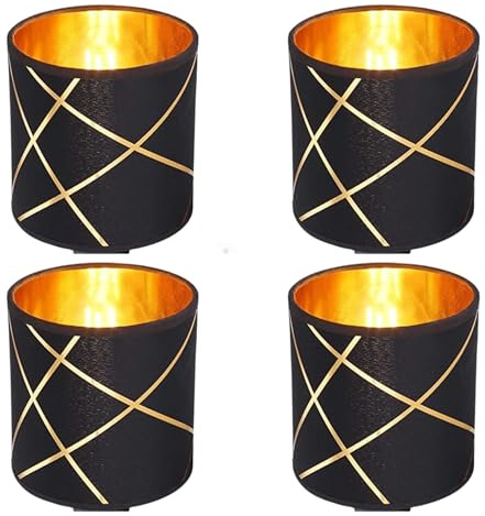 4 Stück Lampenschirm schwarz gold E27 Ø13 cm - Retro Vintage Stofflampenschirm Textilschirm Ersatzschirm Tischlampe Pendelleuchte Textilschirm Ersatz (4x Schwarz/Gold Muster)