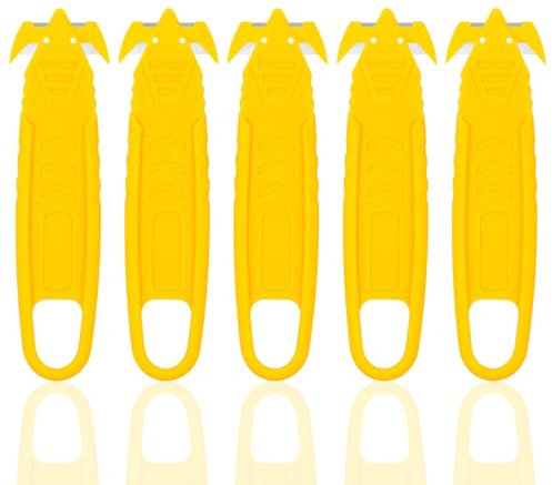 Pack of 5 Box Cutter, Yellow Box Cutter, Cardboard Cutter, Disposable Safety Cutter, Strapping Cutter, Safety Cutter Tool, Box Cutter Box Opener (No Exposed Blade)
