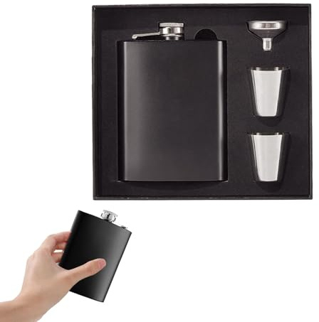 Flask Gift Set Stainless Steel 8oz with 2 Cups & Funnel Black Gift Set | Gift Box Set for Men for Birthday Gift, Best Man Fathers Day Wedding