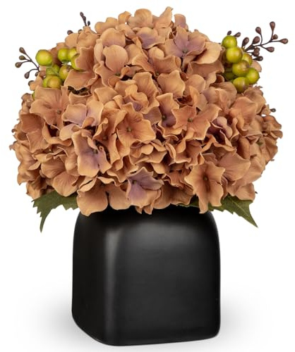 Briful Kunstblumen Wie Echt Künstliche Hortensien DarkSalmon Dekoblumen mit Beeren in Schwarzer Keramikvase Blumengesteck für Büro Resto Wohnzimmer Badzimmer Herbst Dekoration