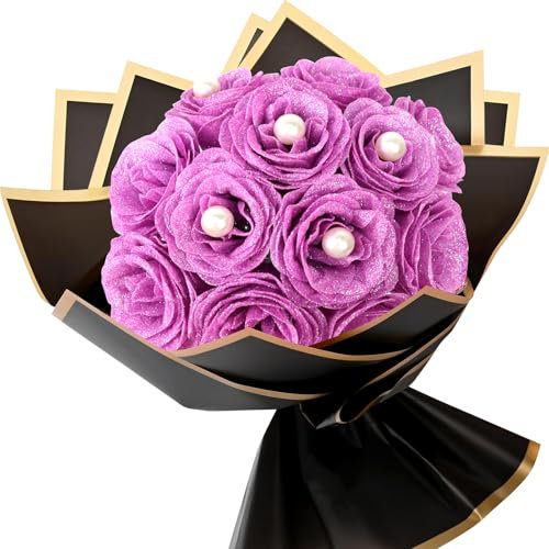 LARDUX 12 Pcs Purple Glitter Roses Bouquet, glitter flowers bouquet,DIY Fake Flowers with glitter Bouquet,Shiny Rose Artificial Flower for Valentines, Anniversary,Graduation,Birthday, with pearls.