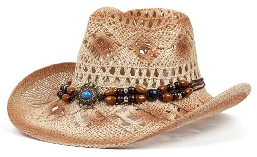 TNDCKP Chapeau de cowboy en paille pour homme et femme – Respirant, protection UV, réglable et léger avec bandes amovibles, accessoire d'été western en plein air festival, Dégradé kaki, One Size-M