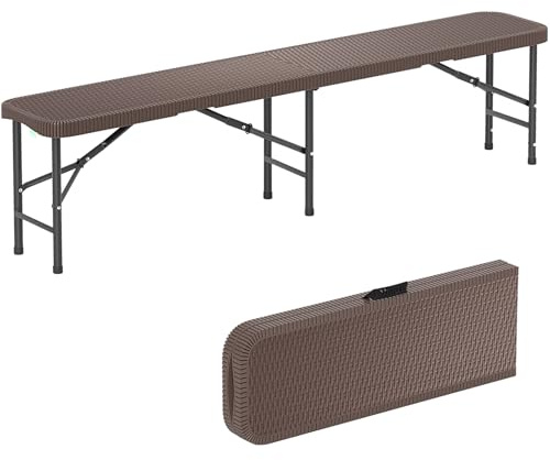 COSTWAY Bierbank klappbar, 180x30x43 cm, Klappbank in Rattanoptik, Bierzeltbank aus Kunststoff mit Tragegriff, Faltbank, Campingbank, Gartenbank, Sitzbank bis 600 kg belastbar, Braun
