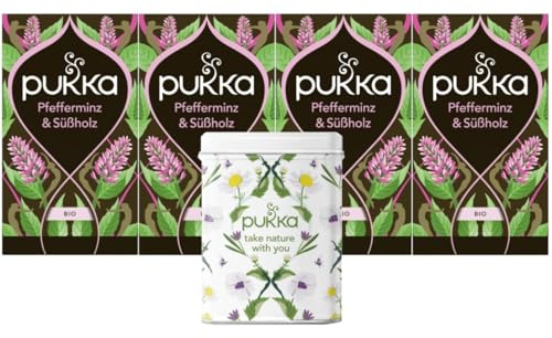 Pukka Tee, Bio-Kräutertee Pfefferminz & Süßholz, 4er Pack, 80 Teebeutel inkl. Pukka Dose