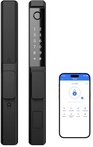 Amerdeco Smart Fingerprint Door Lock with Handle, Keyless Entry: Fingerprint/Smartphone/Code/IC Card/Key, Bluetooth Electronic Deadbolt for Front Wooden & Aluminium Doors, Weatherproof, Matte Black