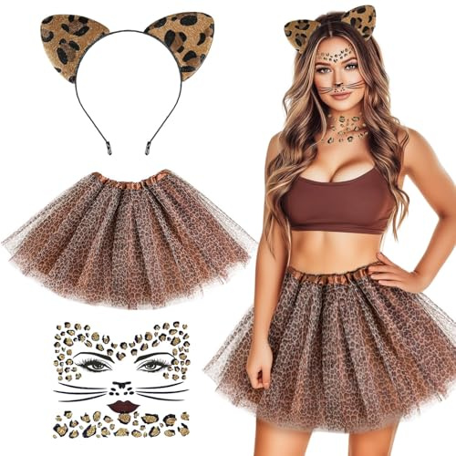 iZoeL Costume Leopardo Donne Cerchietto con Orecchie Stampa Leopardo, Costume Carnevale/Halloween/Cosplay/Festa/Ballo in Maschera - Fascia per Capelli et Tutu da Balletto et Tatuaggio