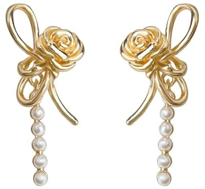 Golden Rose Bow Pearl Earrings Hypoallergenic & Stylish Design Perfect for Daily Wear, Gatherings & Parties Birthday Gift Women's Accessories