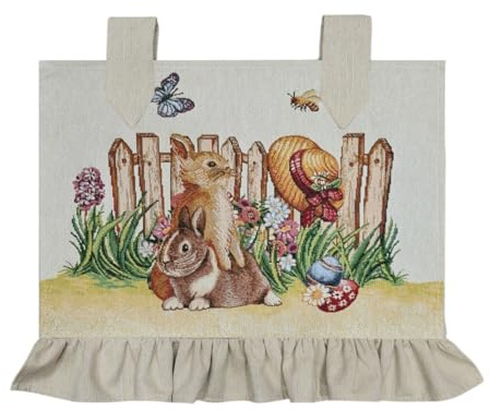 Generico Copriforno Decorativo Pasquale con Balza,Paesaggio,Fiori, Uova Colorate,Pasqua,Conigli, Staccionata con Un Cappello di Paglia con Fiocco Rosso, Gobelin, Dimensioni 51x48cm