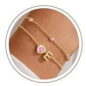 Turandoss 2 stycken armband med bokstäver damer guld – 14K förgylld födelsesten armband bokstäver armband hjärta guld, födelsedagspresent för kvinnor flickor mamma flickvän smycken, 20 cm, Mässing