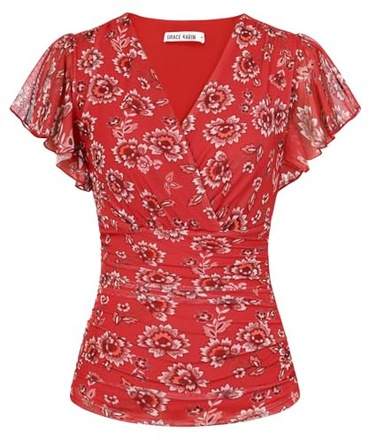 GRACE KARIN Blusar för kvinnor, blommiga boho-toppar, kort volang, ärm, tunika, blus, vår, sommar, gå ut, toppar