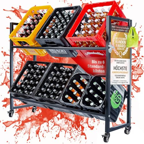 Dimono® Getränkekistenregal 6 Kisten rollbar – Regal für Getränkekisten | Platzsparendes Kistenregal, mobiler Flaschenkastenständer auf Rollen, robuster Bambus & Edelstahl, Maße 32x115x96,5 cm
