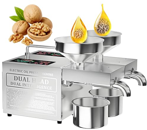 Máquina automática de prensado de aceite, doble cabezal con calefacción independiente de 40-300 °C, opciones de prensa en caliente y frío, 1600 W, salida de 6-12 kg/h para uso comercial y doméstico
