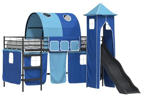 Mhdvray Kinder Hochbett Schwarz Blau 107 x 200 cm Metall Stabil Spielbett mit Rutsche Turm Vorhang Modernes Design ohne Montage für Kinderzimmer Schlaf und Spiel