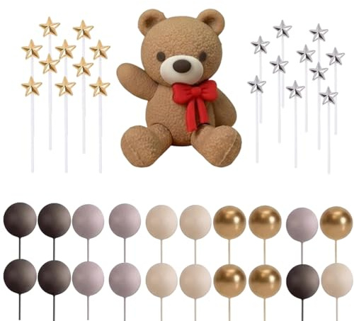 41 PCS Bear Cake Toppers, Teddy Bear Cake Topper Set with Golden Silver Stars and Decorative Balls, Boho Style Cake Decorations for Birthday Celebrations and Party Events