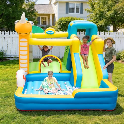 Inflatable Bouncy Castle, bigzzia 5 in 1 Bouncer House with Air Blower, Climbing Wall, Ball Pit, Slide, Basketball Hoop, Blow Up Children Jumper for Indoor Outdoor Party 135 × 114.1 × 96.4 in