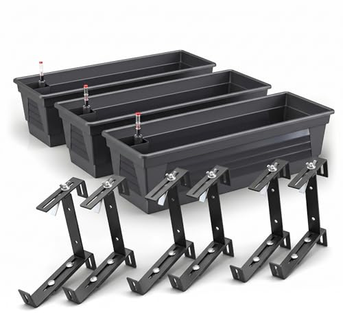 Plastard Blumenkasten 100 cm 3er Set Anthrazit selbstwässernd Pflanzkasten | robuste Metallhalterung - Witterungs- UV- & frostbeständig Pflanzkübel für Balkon, Garten & Terrasse mit Wasserstandsanzeiger
