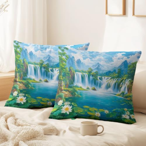 Prydnadskuddöverdrag 50 x 30 cm set med 2-pack – sommar varm, naturlig, majestätisk mjuk sammet örngott för bäddsoffa trädgård med osynligt blixtlås vattenfall, lotus, berg