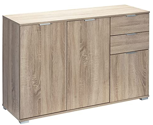 Casaria® Kommode mit 3 Türen 2 Schubladen 107x75x35cm Holz Modern spiegelbarer Aufbau Schlafzimmer Büro Flur Mehrzweckschrank Aktenschrank Schrank Eiche