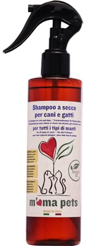 M' MA PETS Shampoo Secco per Cani e Gatti 100% Naturale, Made in Italy - Senza Acqua, Senza Parabeni e Siliconi - Con Cheratina e Pantenolo - Spray Detergente per Pelo Lucente e Morbido - 250ml