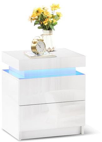 TUKAILAI Nachttisch Weiß mit LED Licht, 2 Schubladen und Hochglanz Kommode Nachttisch Nachtschrank Tisch für Schlafzimmer Wohnzimmer