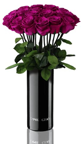 EG EMMIE GRAY Classic Vase Set | 15 | Long Stem Infinity Rosen inklusive schwarzer Glasvase - Luxuriöser Rosenstrauß aus echten Premiumrosen, die 1-3 Jahre haltbar (Velvet Plum)