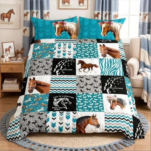 Loussiesd Horse Comforter Cover Set Girls Floral Horse Bedding Set for Kids Women Buffalo Check Geometric Farmhorse Bedding Duvet Cover Set Blue Wild Animal Single Size Quilt Cover 2Pcs