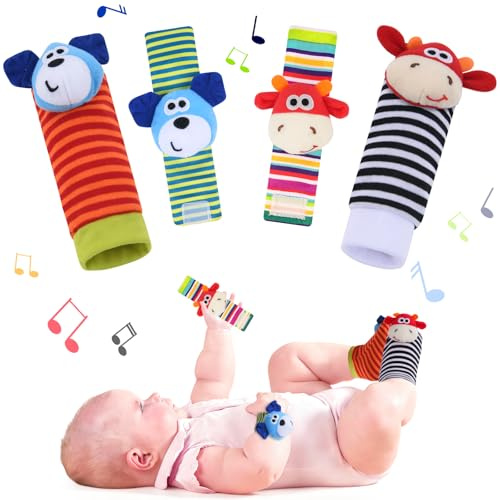Vicloon Hochet Poignet Bébé,4pcs Bébé Poignet et Chaussettes Hochet Strap Hochets et ChaussettesPied Finder Jouets de développement Cadeau pour Tout-Petits Garçons Filles (Veau)